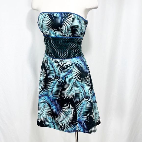 Free People Palm Tree Smocked Tie Back Dress Embroidered Black Aqua 8 - Picture 5 of 10